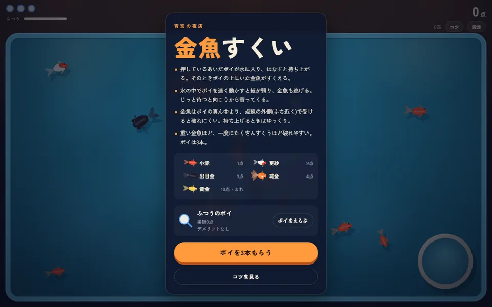 金魚すくいの開始画面。水槽に金魚が泳いでいる